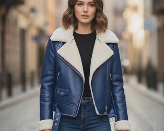 Women’s Blue  Shearling Leather Jacket – Oversized Aviator Sheepskin Coat – Winter Fur Lined Biker Jacket