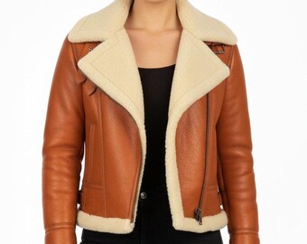 Women’s Brown Shearling Leather Jacket – Oversized Aviator Sheepskin Coat – Winter Fur Lined Biker Jacket
