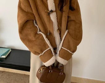 Women’s Brown Shearling Leather Jacket – Oversized Aviator Sheepskin Coat – Winter Fur Lined Biker Jacket