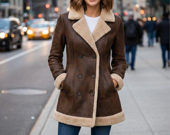 Women’s Brown Shearling Leather Jacket – Oversized Aviator Sheepskin Coat – Winter Fur Lined Biker Jacket