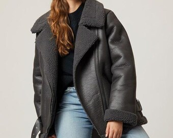 Women’s Black Shearling Leather Jacket – Oversized Aviator Sheepskin Coat – Winter Fur Lined Biker Jacket