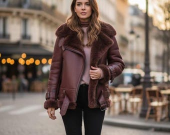 Women’s Brown Shearling Leather Jacket – Oversized Aviator Sheepskin Coat – Winter Fur Lined Biker Jacket