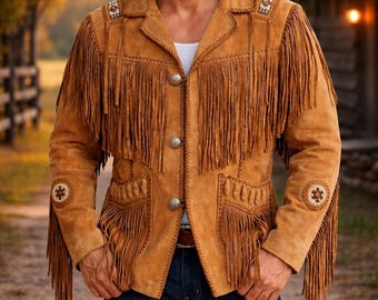Men's Suede Fringe Jacket – Western Beaded Cowboy Style Coat Rust Brown