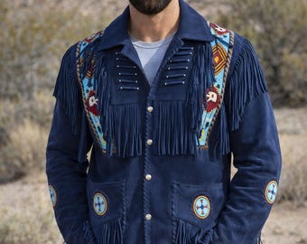 Men’s Western Fringe Suede Jacket – Vintage Cowboy Tassel Leather Coat, Blue Rustic Style