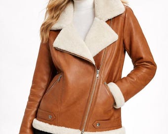 Women’s Brown Shearling Leather Jacket – Oversized Aviator Sheepskin Coat – Winter Fur Lined Biker Jacket