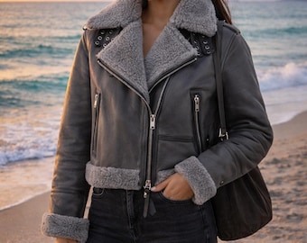 Women’s Grey Shearling Leather Jacket – Oversized Aviator Sheepskin Coat – Winter Fur Lined Biker Jacket