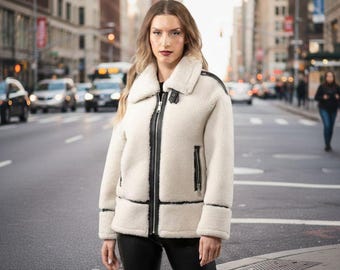Womens White Shearling Leather Jacket – Oversized Aviator Sheepskin Coat