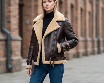 Women’s Brown Shearling Leather Jacket – Oversized Aviator Sheepskin Coat – Winter Fur Lined Biker Jacket