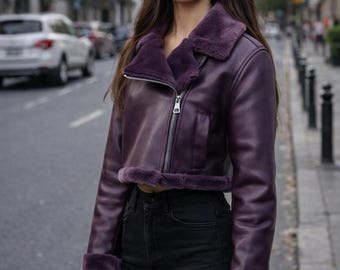 Women’s Purple Shearling Leather Jacket – Oversized Aviator Sheepskin Coat – Winter Fur Lined Biker Jacket