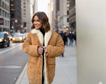 Women’s Brown Shearling Leather Jacket – Oversized Aviator Sheepskin Coat – Winter Fur Lined Biker Jacket