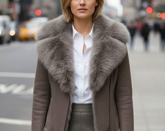 Women’s Grey Shearling Leather Jacket – Oversized Aviator Sheepskin Coat – Winter Fur Lined Biker Jacket