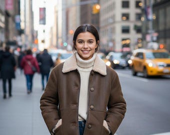 Women’s Brown Shearling Leather Jacket – Oversized Aviator Sheepskin Coat – Winter Fur Lined Biker Jacket