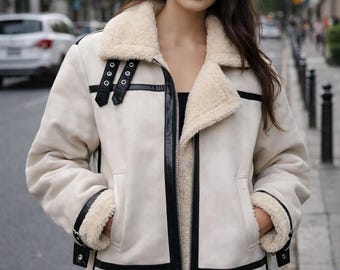 Black White Shearling Leather Jacket – Oversized Aviator Sheepskin Coat