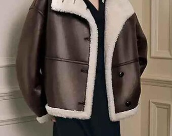 Women’s Brown Shearling Leather Jacket – Oversized Aviator Sheepskin Coat – Winter Fur Lined Biker Jacket