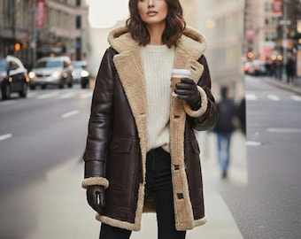 Women’s Brown Shearling Leather Jacket – Oversized Aviator Sheepskin Coat – Winter Fur Lined Biker Jacket