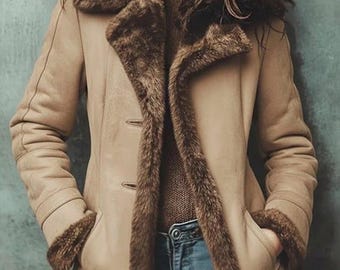 Women’s Brown Shearling Leather Jacket – Oversized Aviator Sheepskin Coat – Winter Fur Lined Biker Jacket