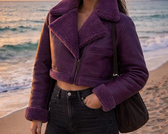 Women’s Purple Shearling Leather Jacket – Oversized Aviator Sheepskin Coat – Winter Fur Lined Biker Jacket
