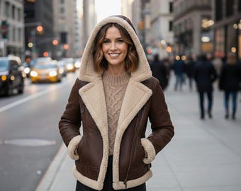 Women’s Brown Shearling Leather Jacket – Oversized Aviator Sheepskin Coat – Winter Fur Lined Biker Jacket