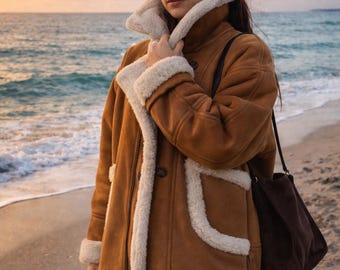 Women’s Brown Shearling Leather Jacket – Oversized Aviator Sheepskin Coat – Winter Fur Lined Biker Jacket