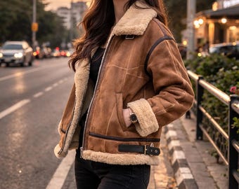 Women’s Brown Shearling Leather Jacket – Oversized Aviator Sheepskin Coat – Winter Fur Lined Biker Jacket