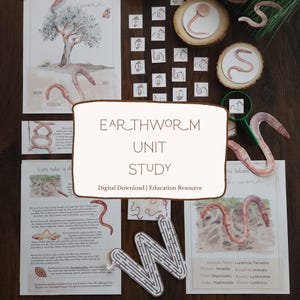 May include: Educational earthworm unit study set. Includes illustrated cards, wooden cutouts, and a maze. The set features the text "EARTHWORM UNIT STUDY" and "Digital Download | Education Resource". The illustrations depict earthworms and their anatomy.