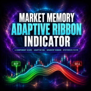 May include: A digital graphic titled MARKET MEMORY ADAPTIVE RIBBON INDICATOR with text listing 4-COMPONENT SCORE, ADAPTIVE MA, GRADIENT RIBBON, and HYSTERESIS FILTER. It features a colorful wave chart, candlestick patterns, and buy/sell labels.