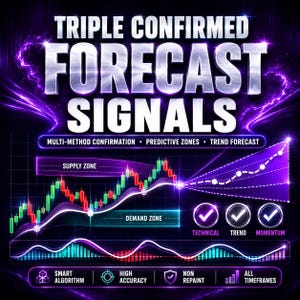 May include: A digital financial chart graphic with the text TRIPLE CONFIRMED FORECAST SIGNALS. It features candlestick patterns, supply and demand zones, and trend lines in purple and neon colors. Includes icons for technical, trend, and momentum analysis.
