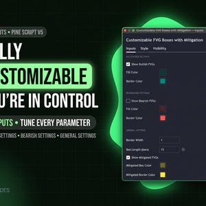 May include: A digital interface for Customizable FVG Boxes with Mitigation, featuring settings for Bullish, Bearish, and General parameters. The menu includes checkboxes, color pickers, and numerical input fields for border width and box length in bars.