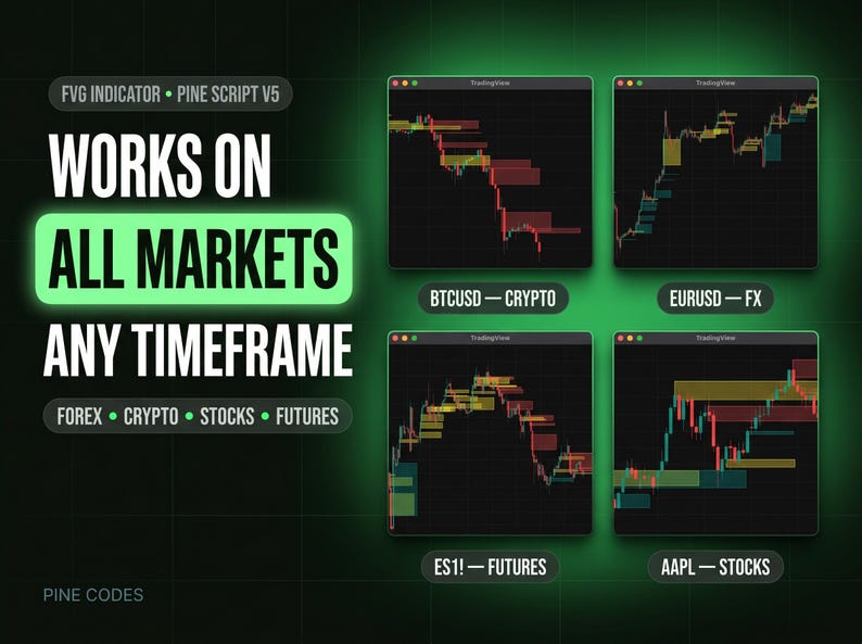 May include: A digital graphic displaying an FVG indicator for Pine Script V5. The text reads: FVG INDICATOR, PINE SCRIPT V5, WORKS ON ALL MARKETS, ANY TIMEFRAME, FOREX, CRYPTO, STOCKS, FUTURES, PINE CODES. Four TradingView charts show BTCUSD, EURUSD, ES1!, and AAPL.