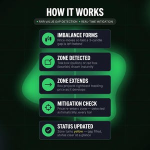 May include: An infographic titled HOW IT WORKS with a dark green grid background. It outlines five steps: IMBALANCE FORMS, ZONE DETECTED, ZONE EXTENDS, MITIGATION CHECK, and STATUS UPDATED. Each step includes a green icon and descriptive text.