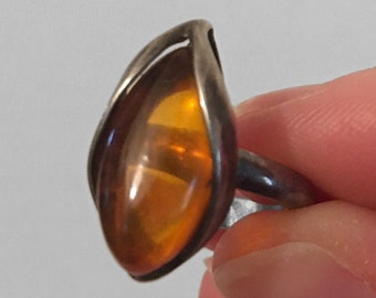 60s MCM AMBER Ring in Sterling Silver, Teardrop/Marquise Shape