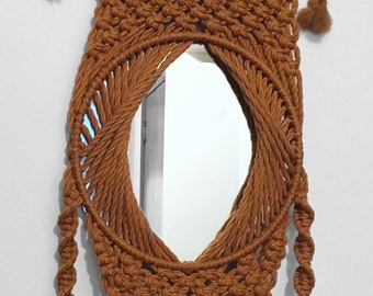 70s MACRAME Hanging Mirror With Pocket in Golden Wheat