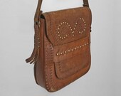 70s TOOLED Leather Purse brass studs Aries zodiac sign square design