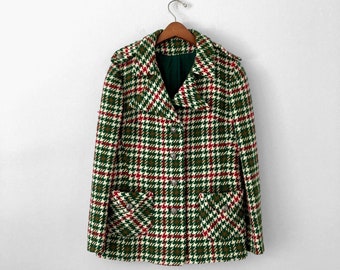 60s HOUNDSTOOTH Wool Jacket in Raspberry & Emerald, Women's Size XS