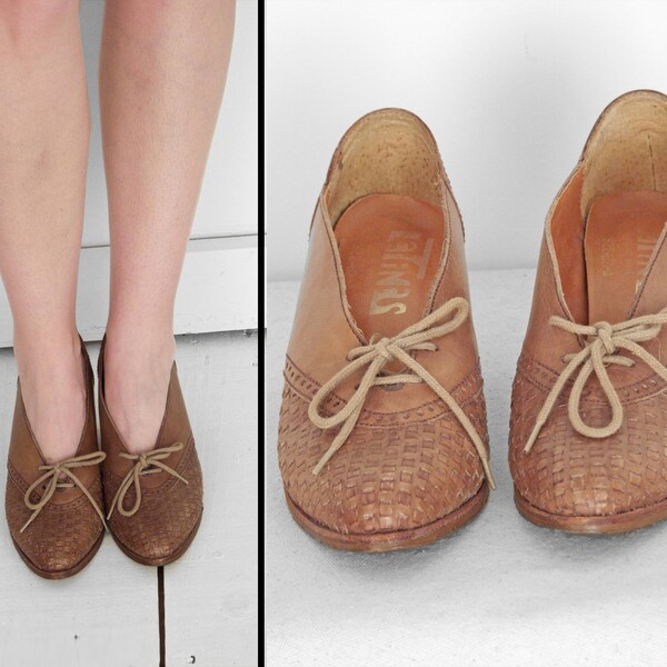 Leather BROGUE Heels 70s Latinas Brand Brazil Woven Vamp Oxfords Size 6