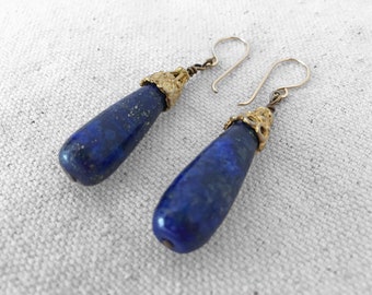 Lapis Lazuli Earrings, Jessa Style, Handmade Teardrop Shape with Gold