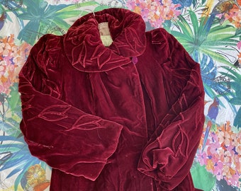 1930s Velvet OPERA Coat in Ruby/Crimson with Leaf Detail, RARE, As Is