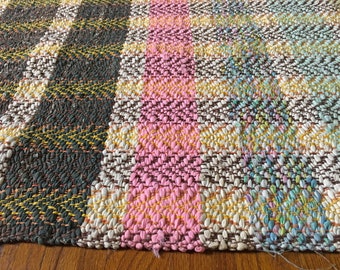 Vintage RAG Rug Runner in Pink, Orange, Brown, Charcoal & Sky