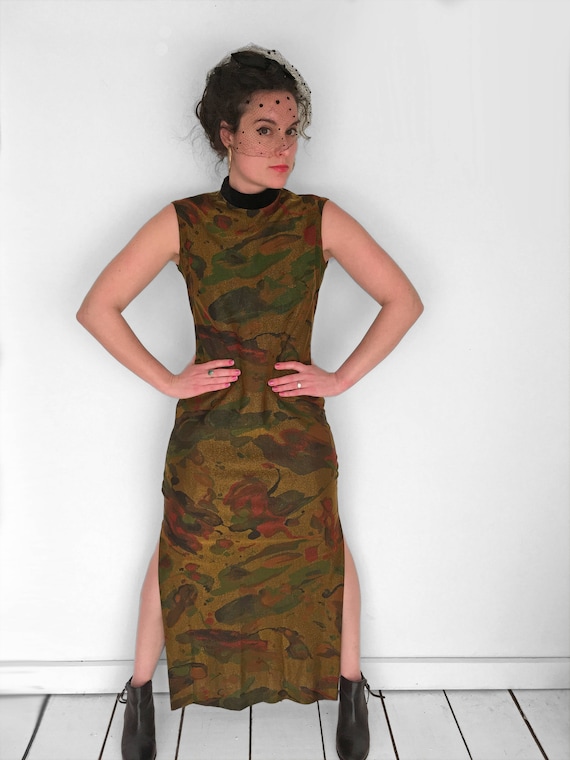 60s Psychedelic MARBLED Dress in metallic gold swi