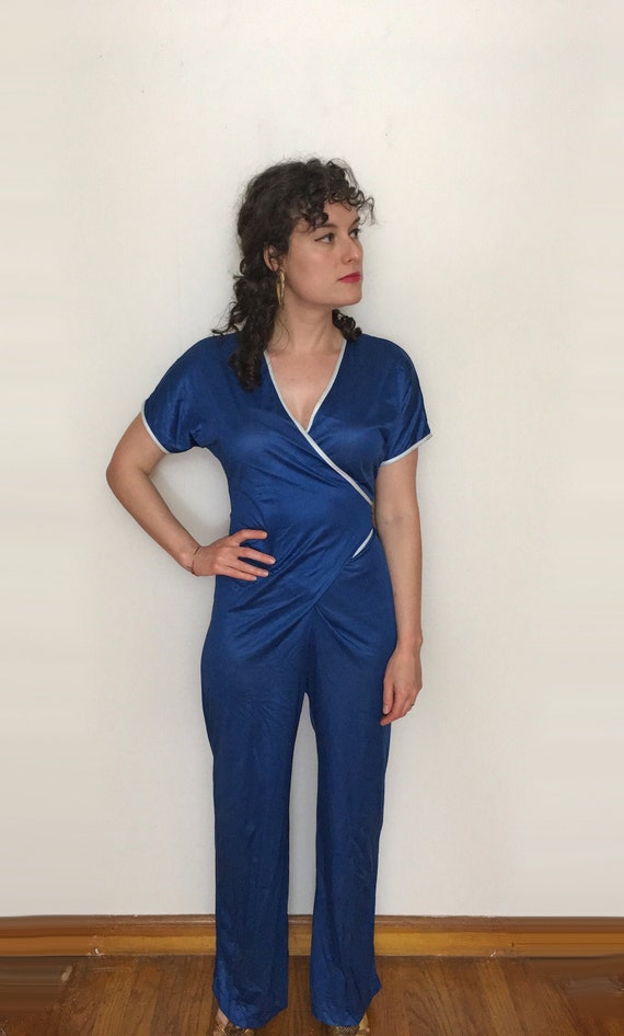 70s Petite Wrap JUMPSUIT in indigo & White, Disco