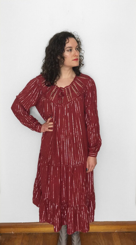 70s Hippie PEASANT Dress in Burgundy & Metallic S… - image 4