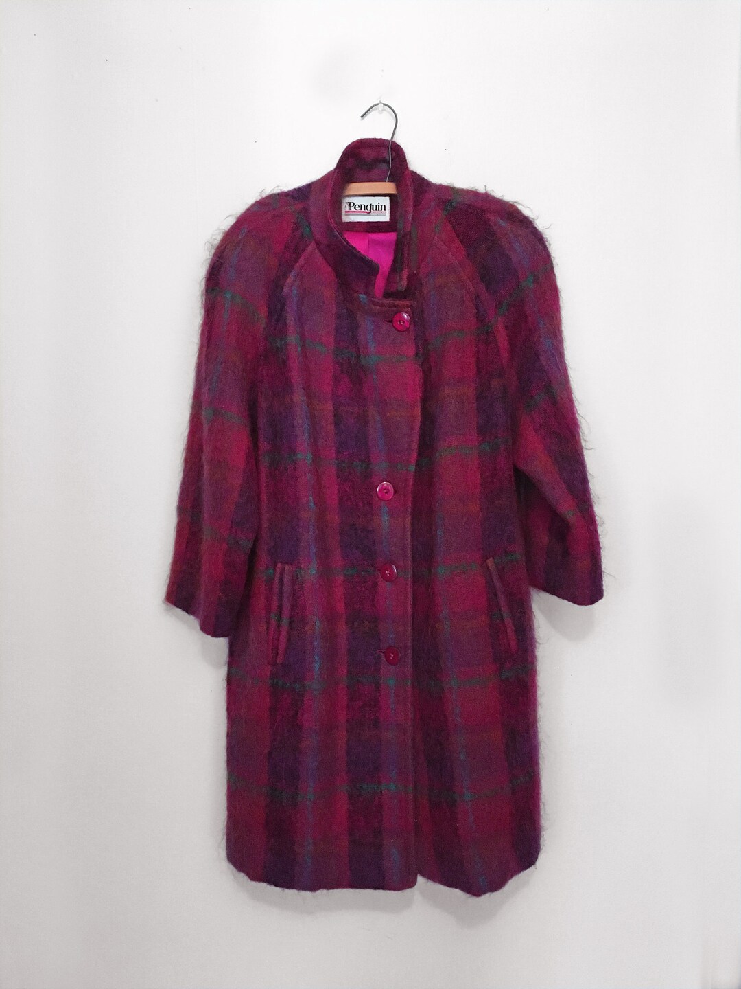 80s Plaid MOHAIR Coat in Berry Plum & Turquoise Long Winter Etsy