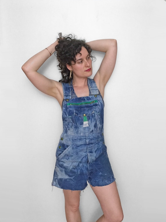 70s Denim Overall Shorts by Liberty, Distressed Lo