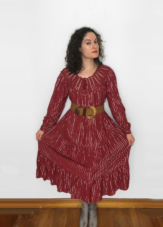 70s Hippie PEASANT Dress in Burgundy & Metallic S… - image 10