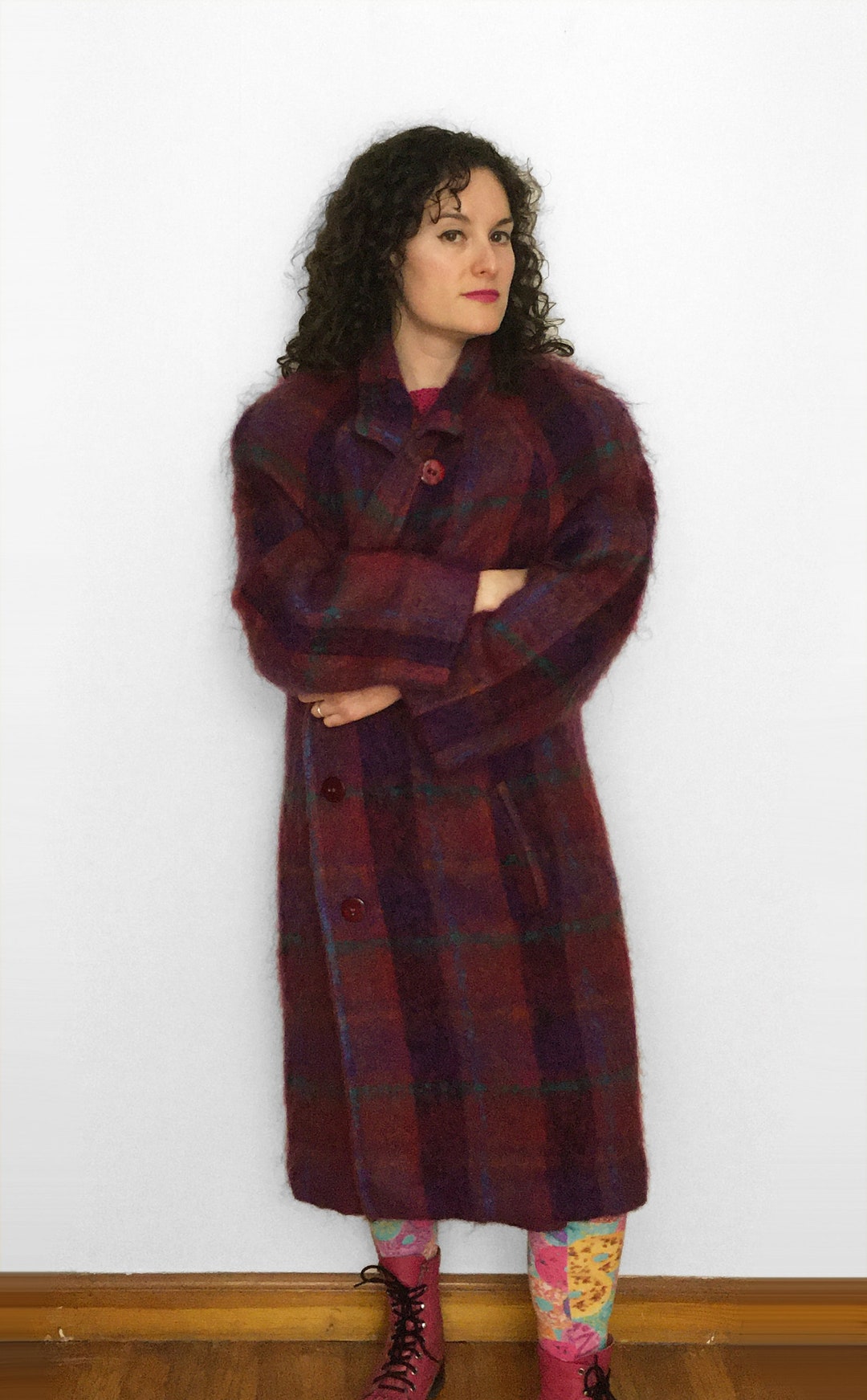 80s Plaid MOHAIR Coat in Berry Plum & Turquoise Long Winter Etsy