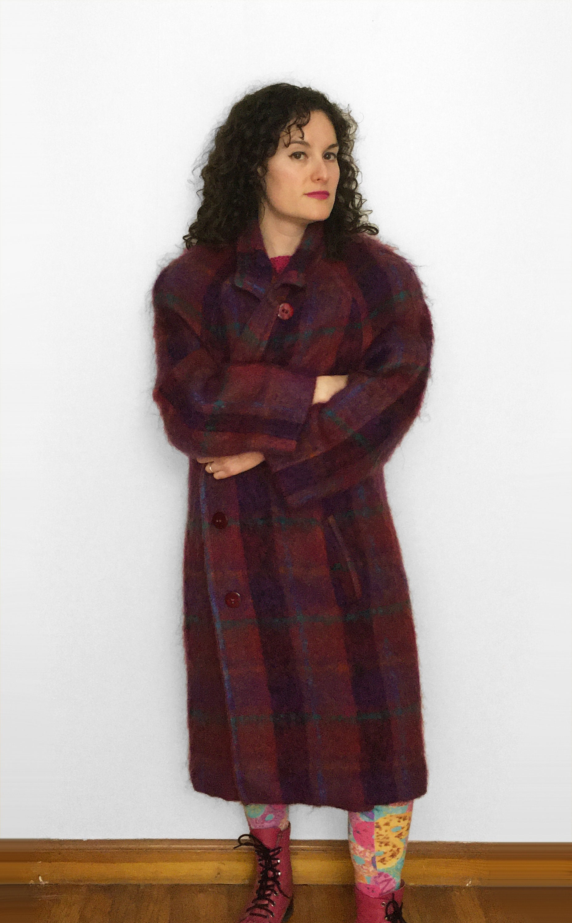 80s Plaid MOHAIR Coat in Berry, Plum & Turquoise, Long Winter Jacket -   UK