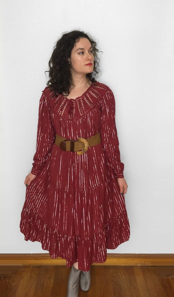 70s Hippie PEASANT Dress in Burgundy & Metallic S… - image 1