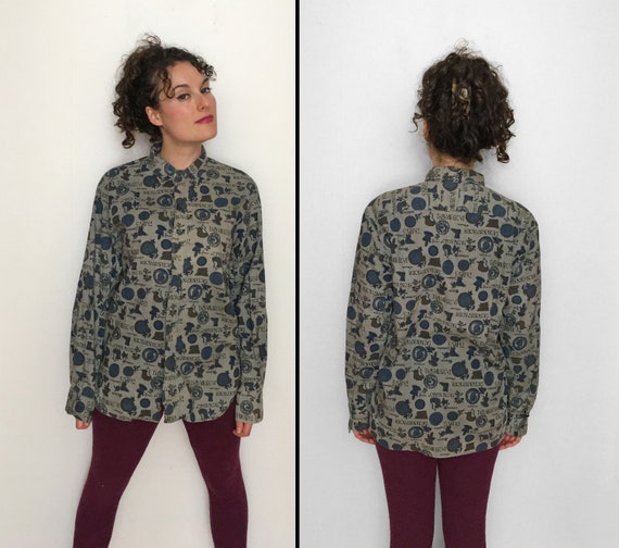 60s Oxford Button Shirt with ROMAN Novelty Print