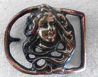 60s Tooled Belt Buckle with Art NOUVEAU Style Woman in Brass, Clearance