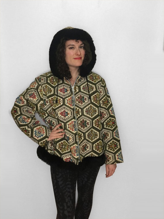 70s Tapestry CARPET Jacket in Rainbow Chenille wit